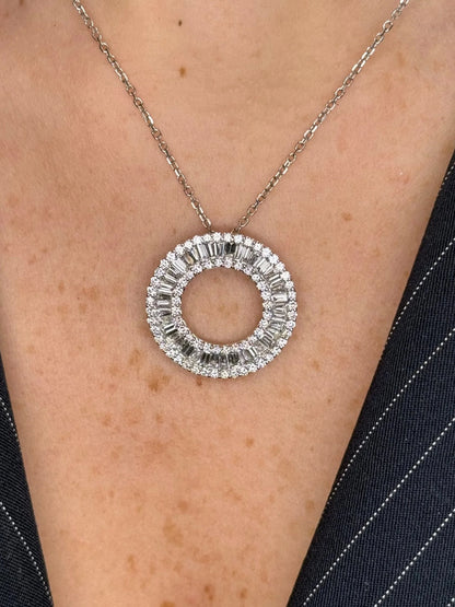 Ladies Round and Baguette Diamond Hallow Circle Pendant