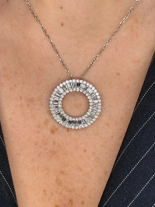 Ladies Round and Baguette Diamond Hallow Circle Pendant