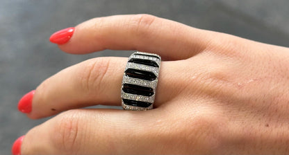 Ladies Alternating Black Onyx and Round Diamond Ring