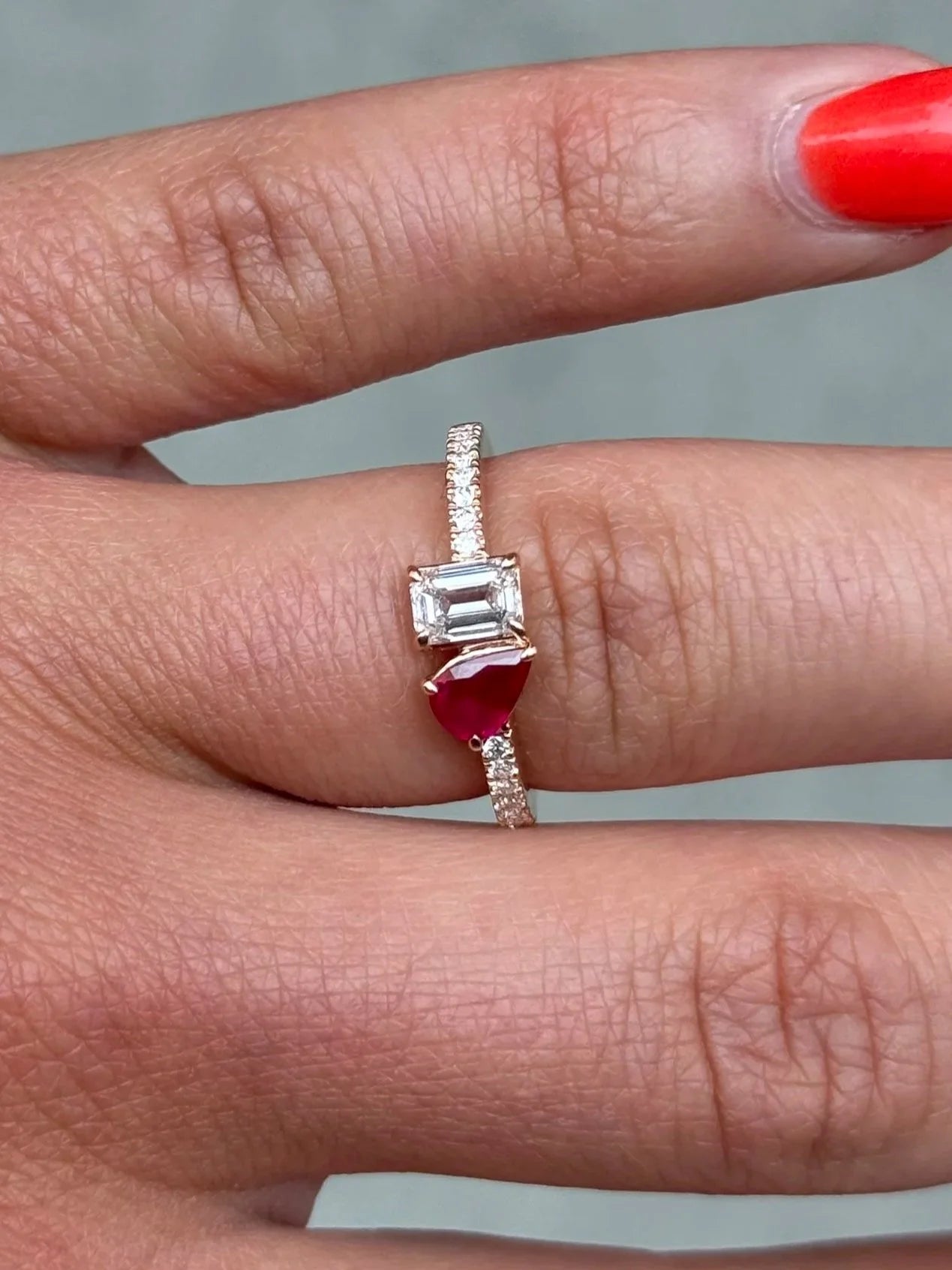 Ladies Ruby Pear and Emerald Diamond Ring