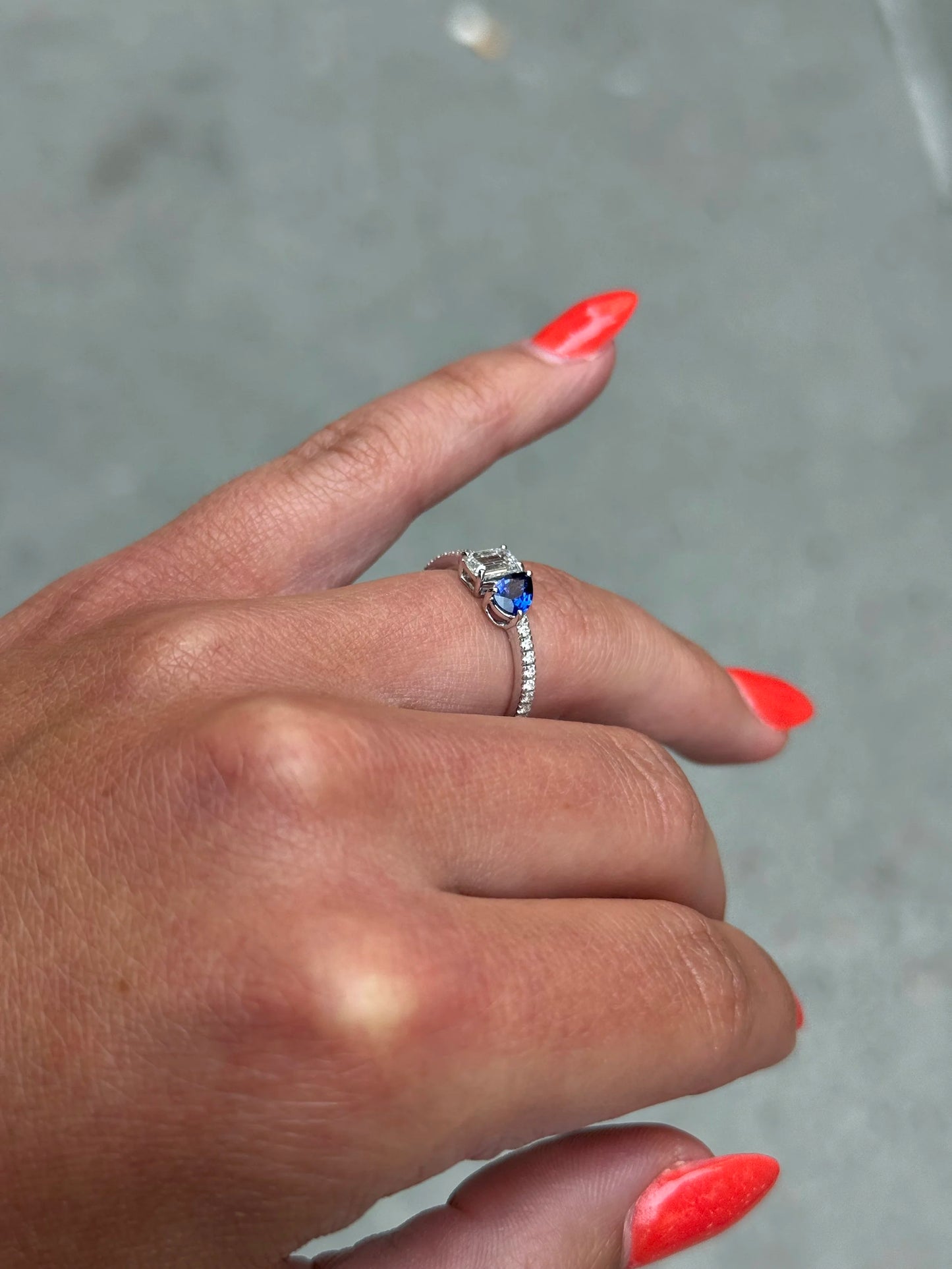 Ladies Sapphire Pear and Emerald Diamond Ring