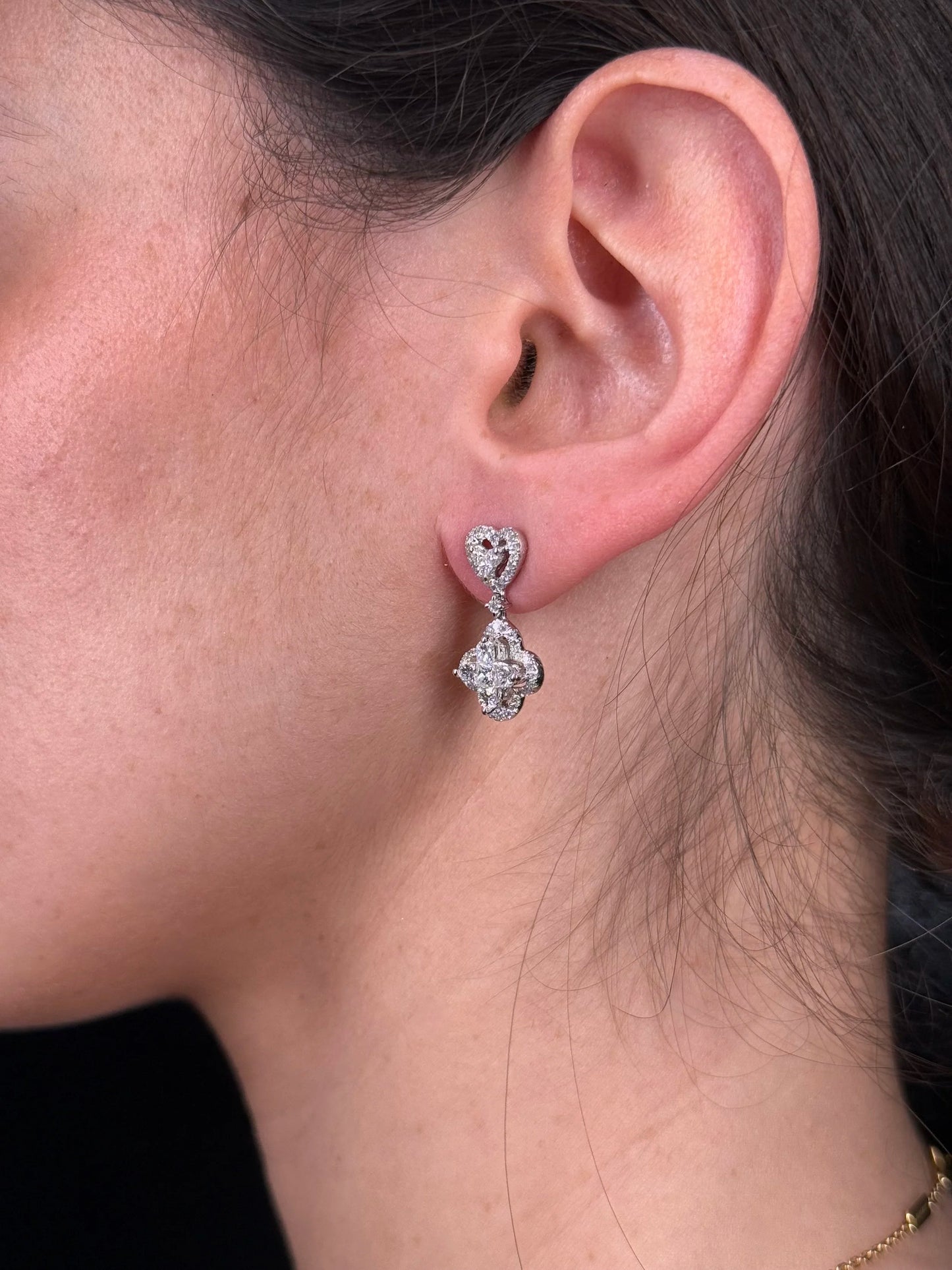 Ladies Heart Cluster and Clover Dangle Earrings