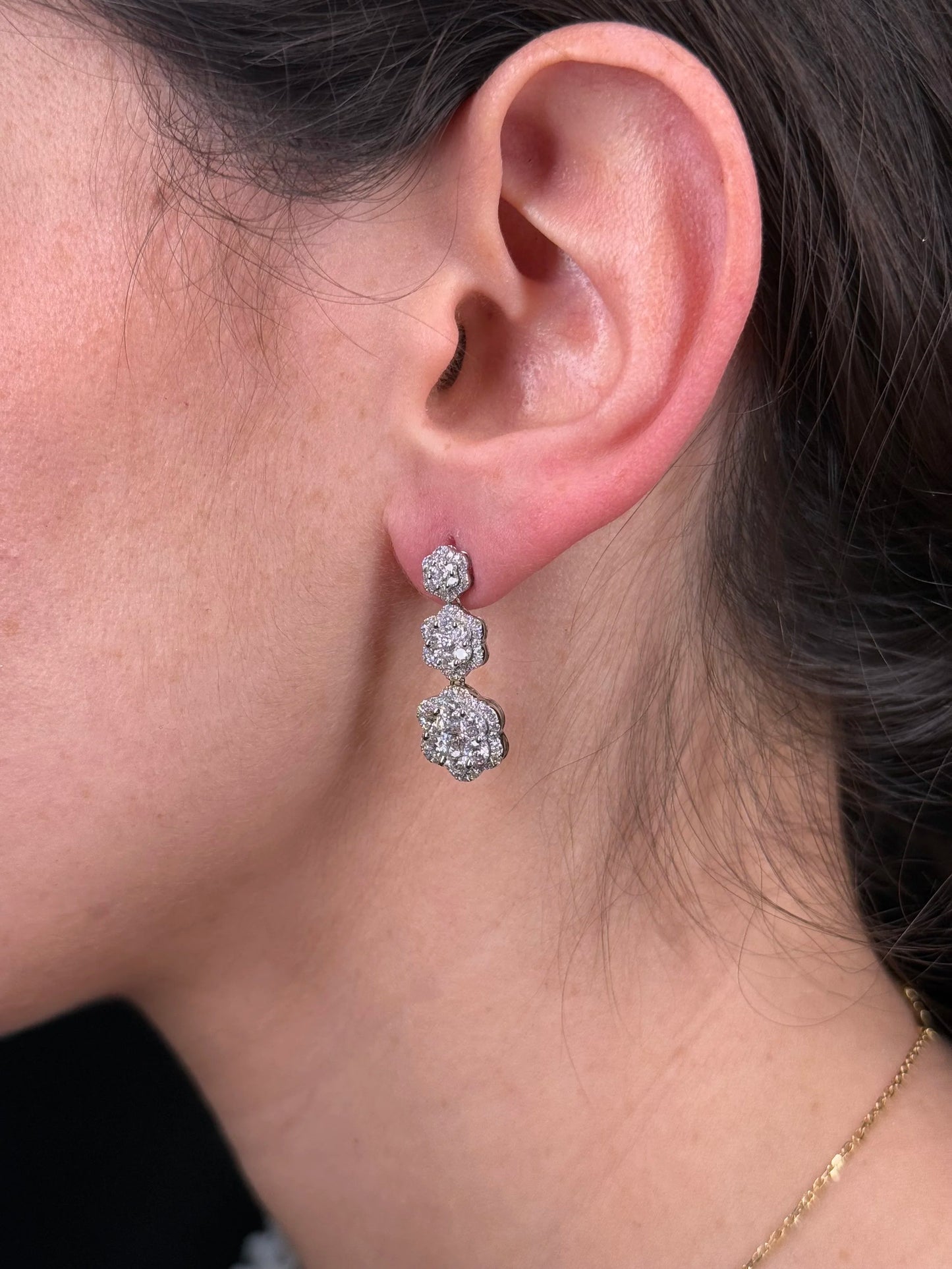 Ladies Three Cluster Clover Diamond Dangle Earrings