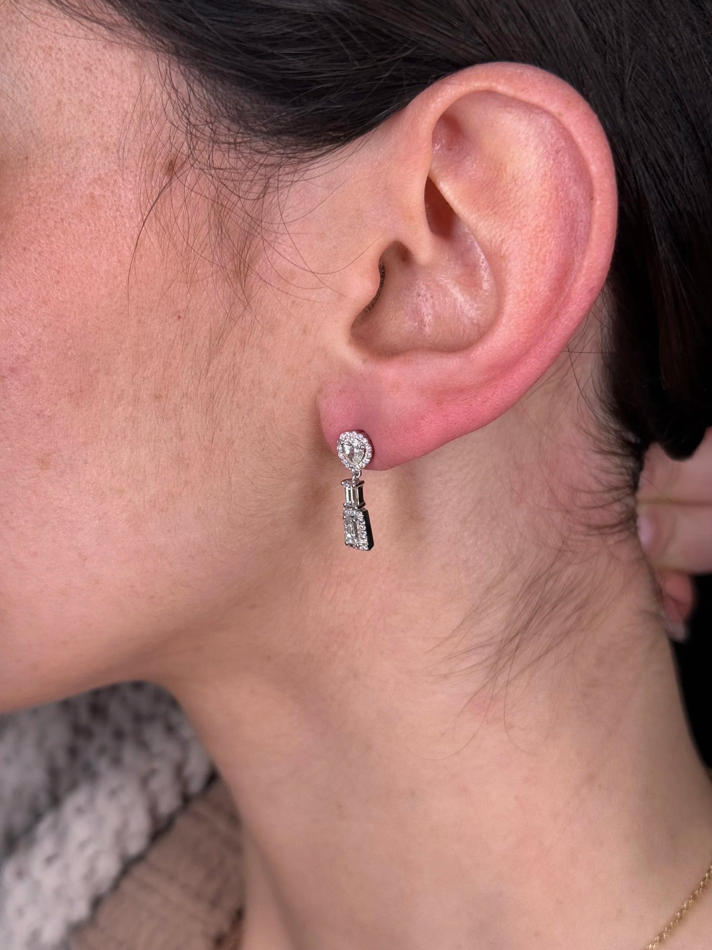 Ladies Round, Pear, and Baguette Diamond Dangle Earrings