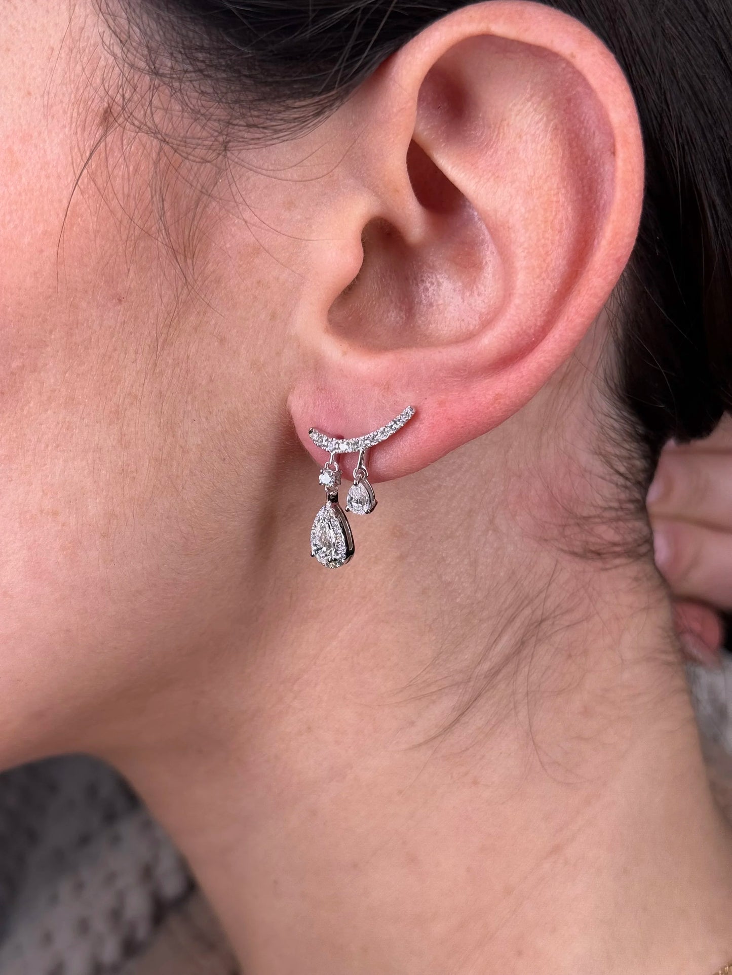 Ladies Dangle Pear and Round Diamond Climber Earrings