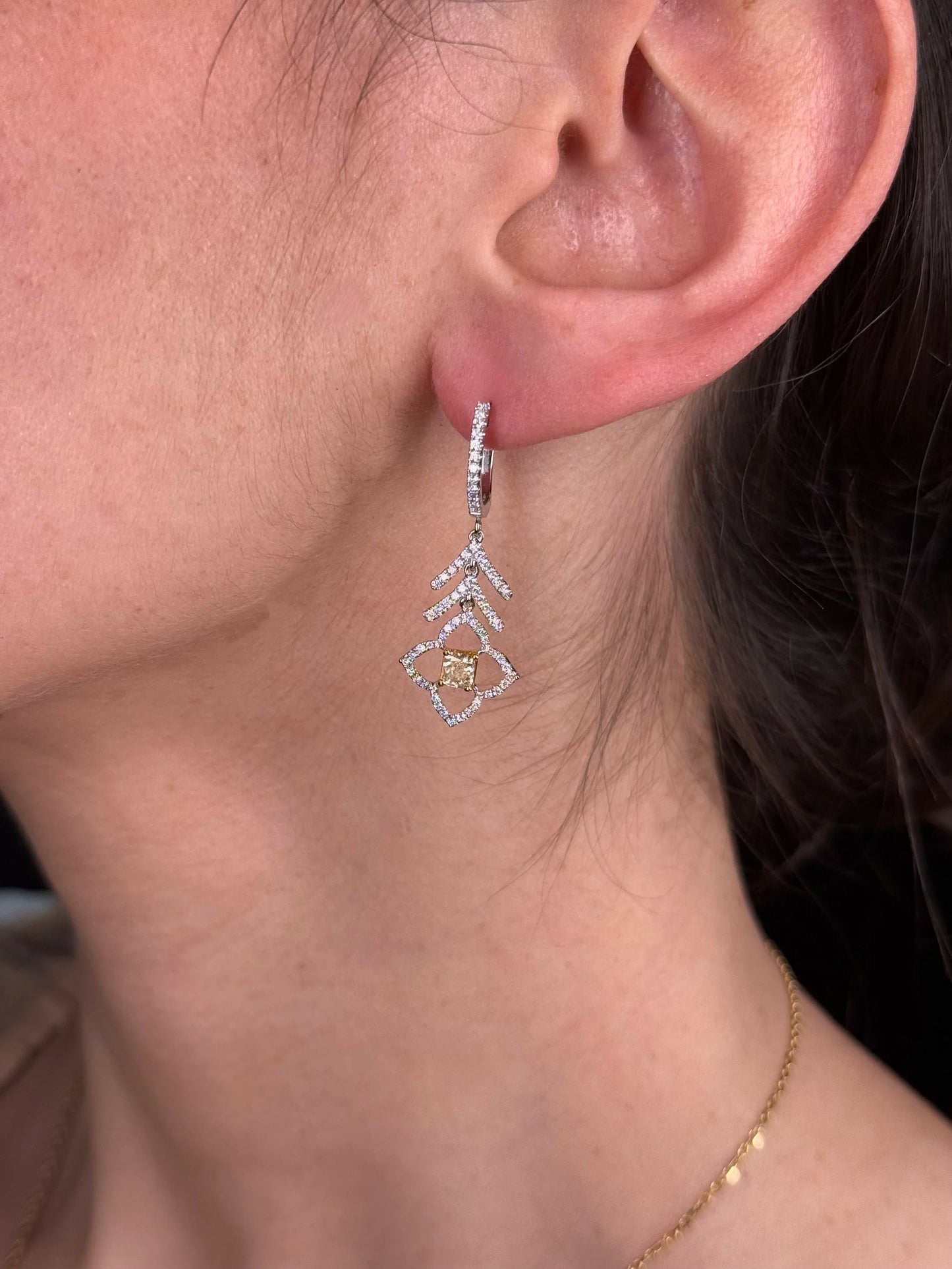 Ladies Two Tone Radiant Yellow Diamond Fancy Earrings