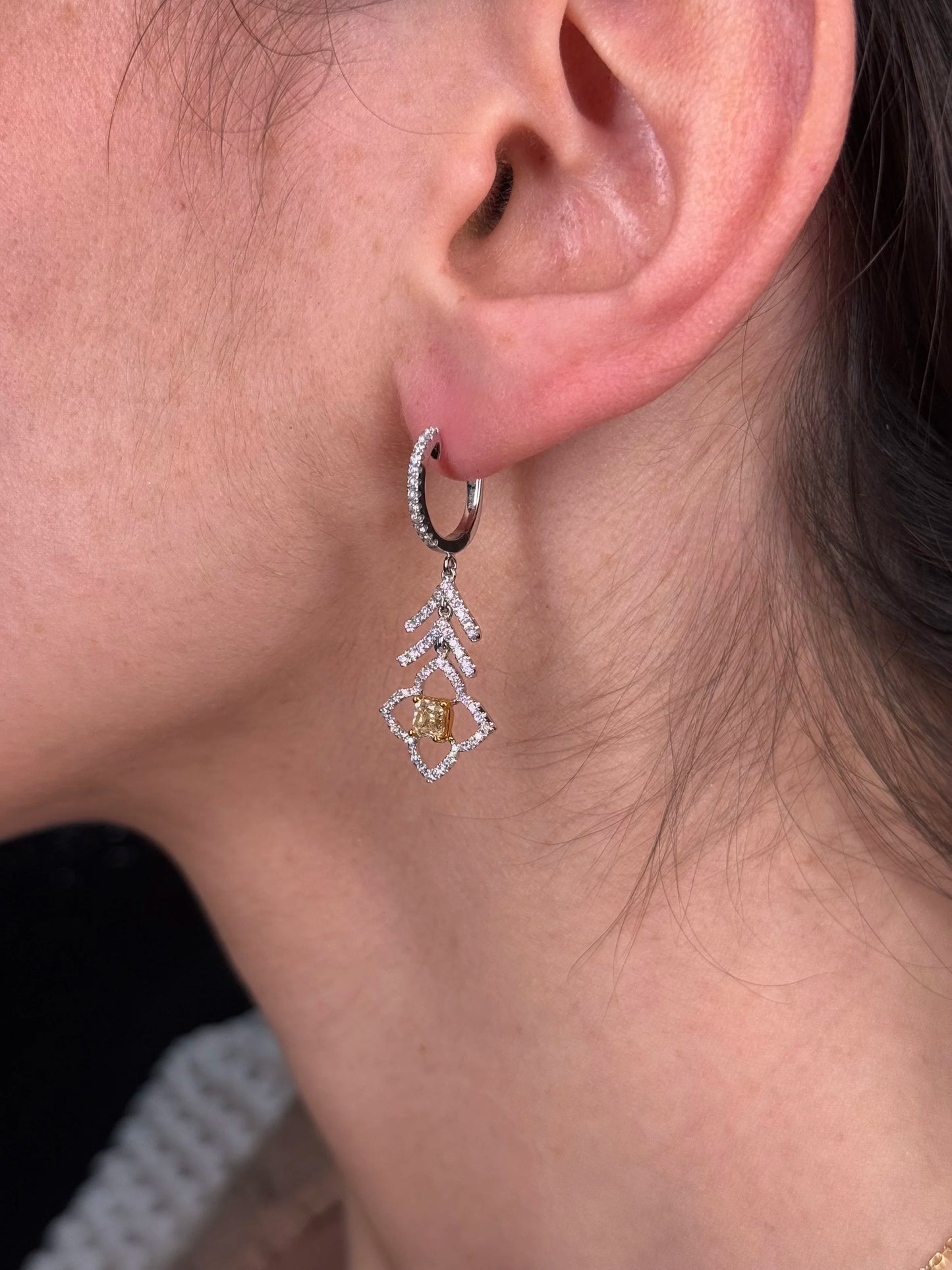 Ladies Two Tone Radiant Yellow Diamond Fancy Earrings