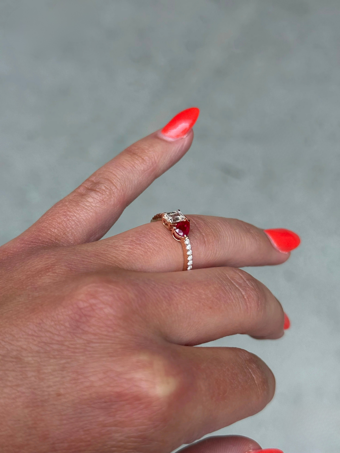 Ladies Ruby Pear and Emerald Diamond Ring